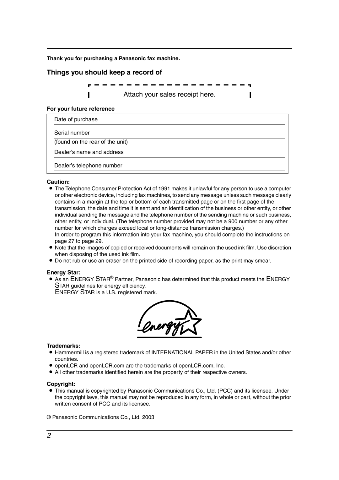 Panasonic KX-FPG376, KX-FPG377 manual Things you should keep a record 