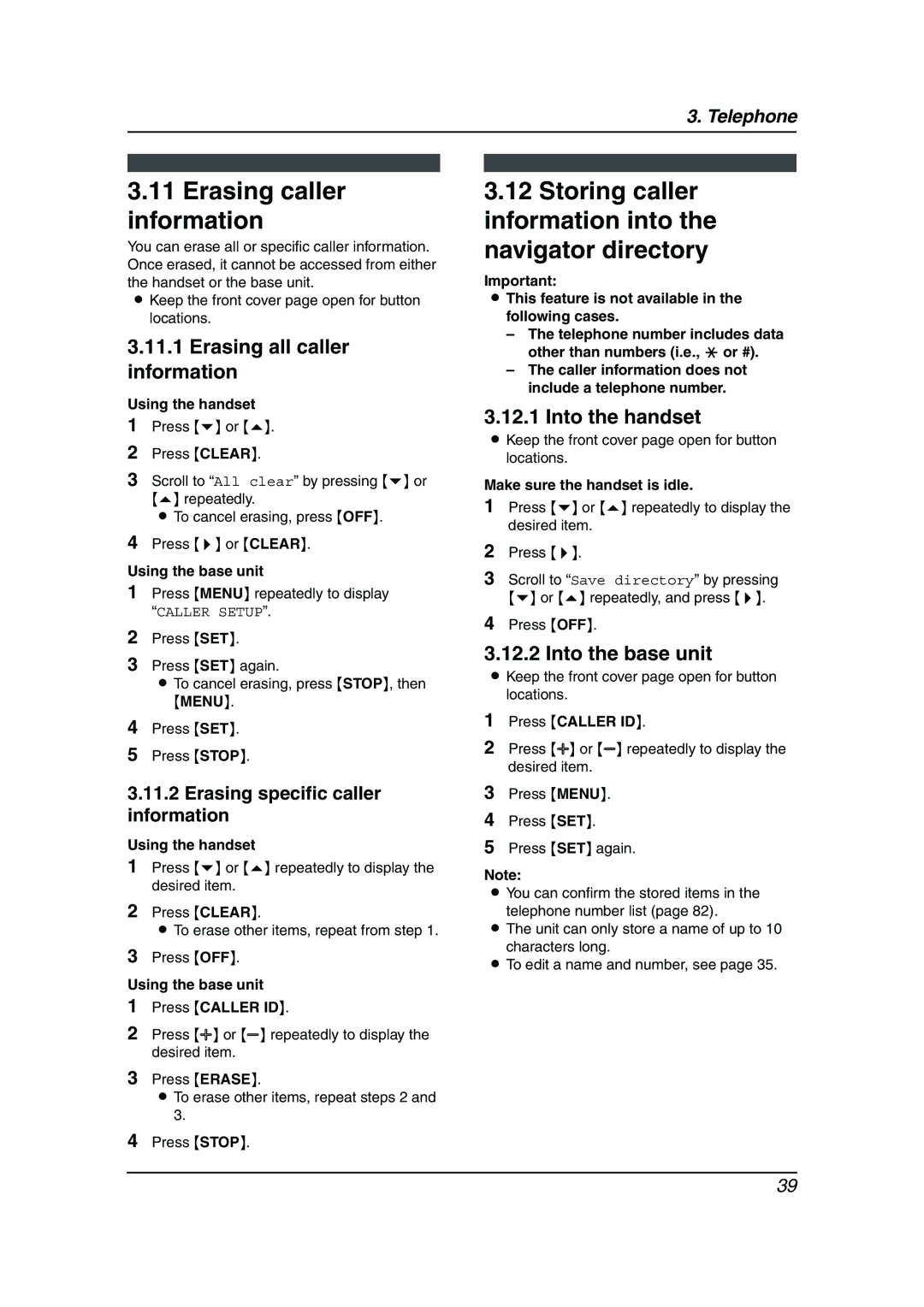 Panasonic KX-FPG377 Erasing caller information, Storing caller information into the navigator directory, Into the handset 