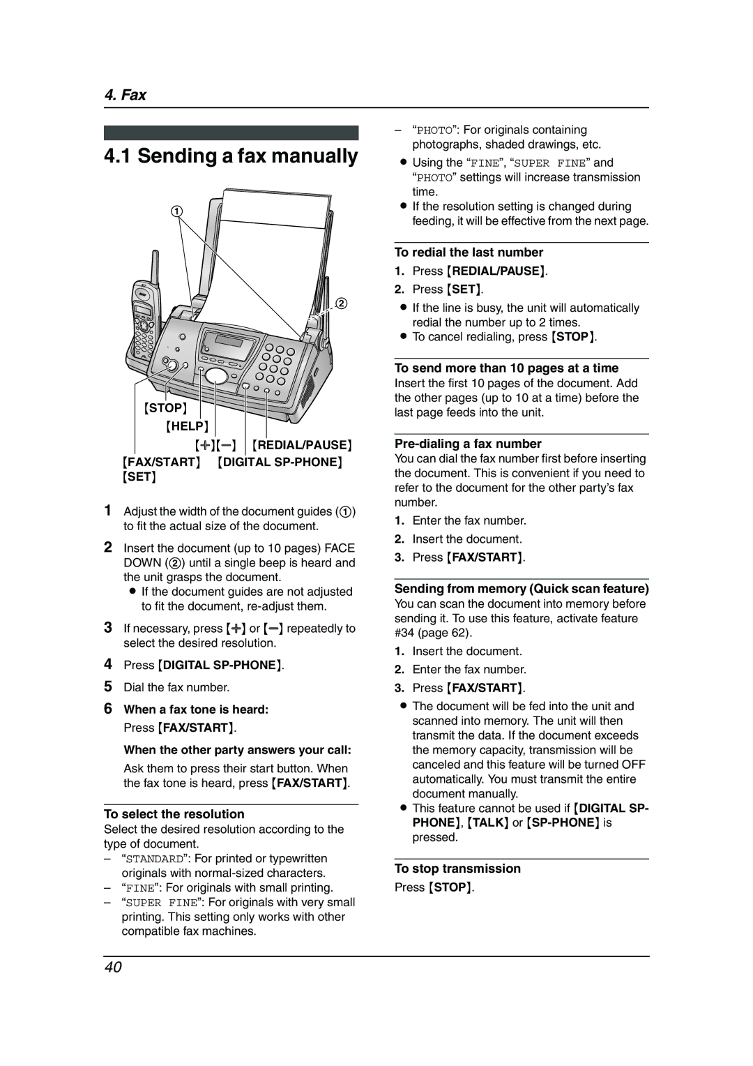 Panasonic KX-FPG376, KX-FPG377 Sending a fax manually, Stop Help AB REDIAL/PAUSE FAX/START Digital SP-PHONE SET 