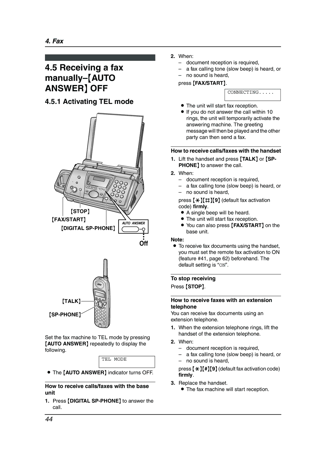 Panasonic KX-FPG376 Receiving a fax manually-AUTO Answer OFF, Activating TEL mode, Off, Stop FAX/START Digital SP-PHONE 