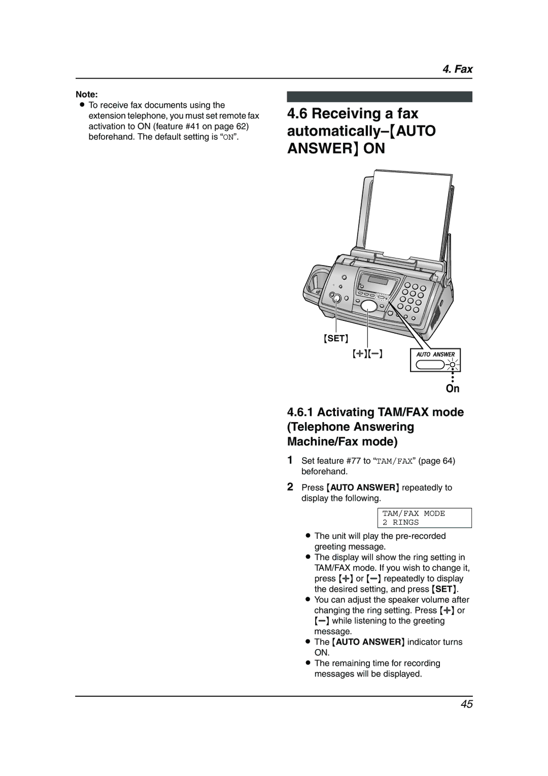 Panasonic KX-FPG377, KX-FPG376 manual Receiving a fax automatically-AUTO Answer on 