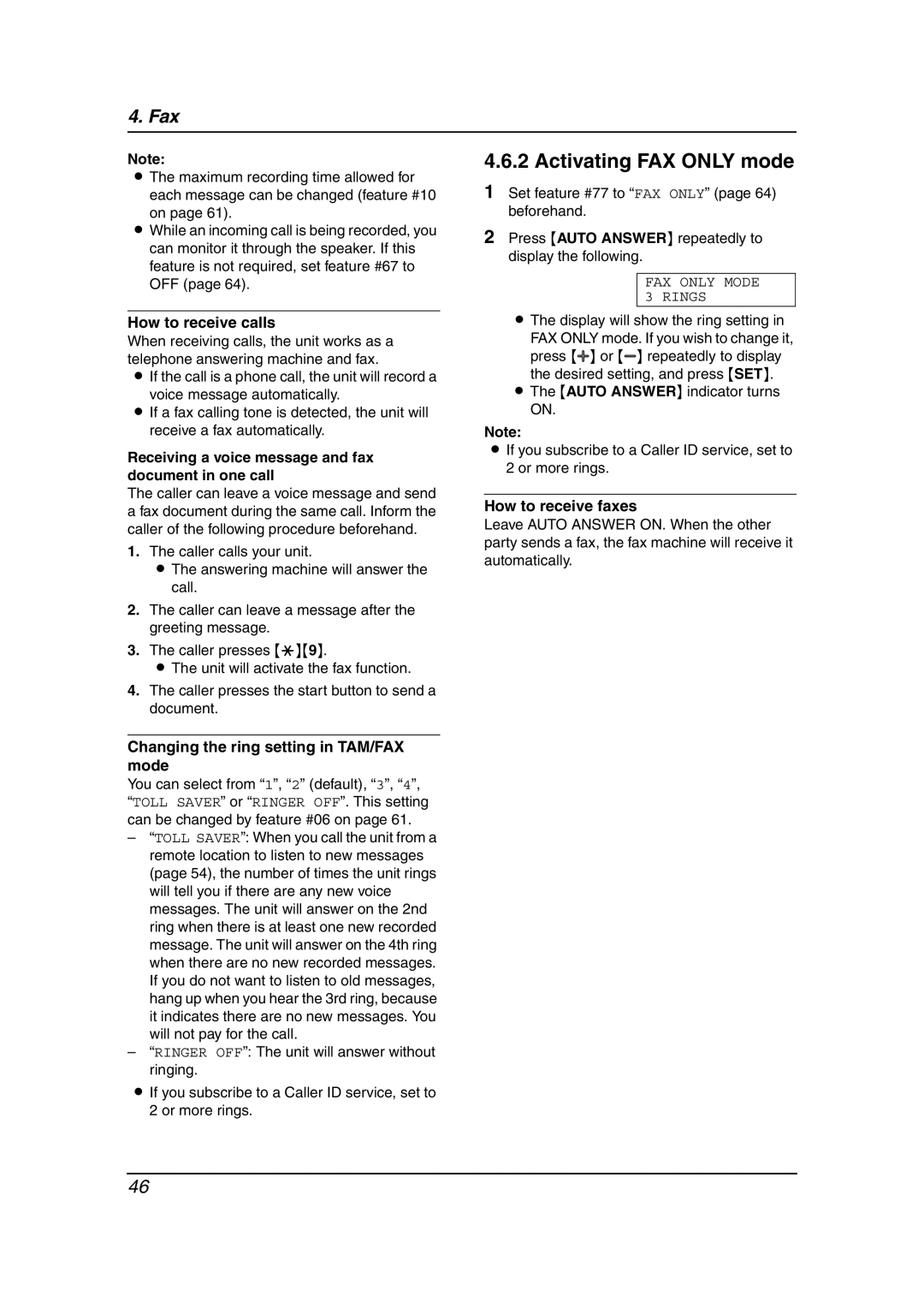 Panasonic KX-FPG376 Activating FAX only mode, How to receive calls, Receiving a voice message and fax document in one call 