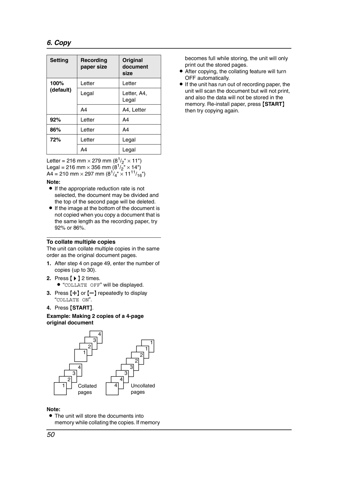 Panasonic KX-FPG376, KX-FPG377 manual Setting Recording Original Paper size Document Size 100%, Default, 92%, 86%, 72% 