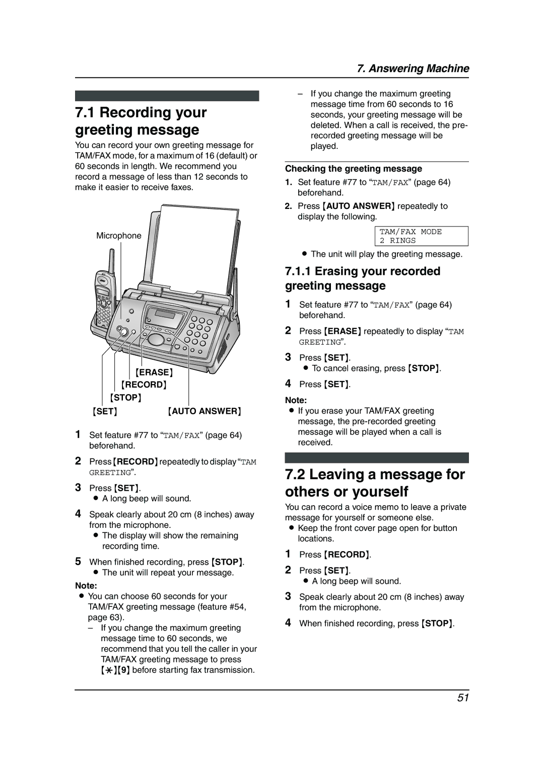 Panasonic KX-FPG377 manual Recording your greeting message, Leaving a message for others or yourself, Erase Record Stop 