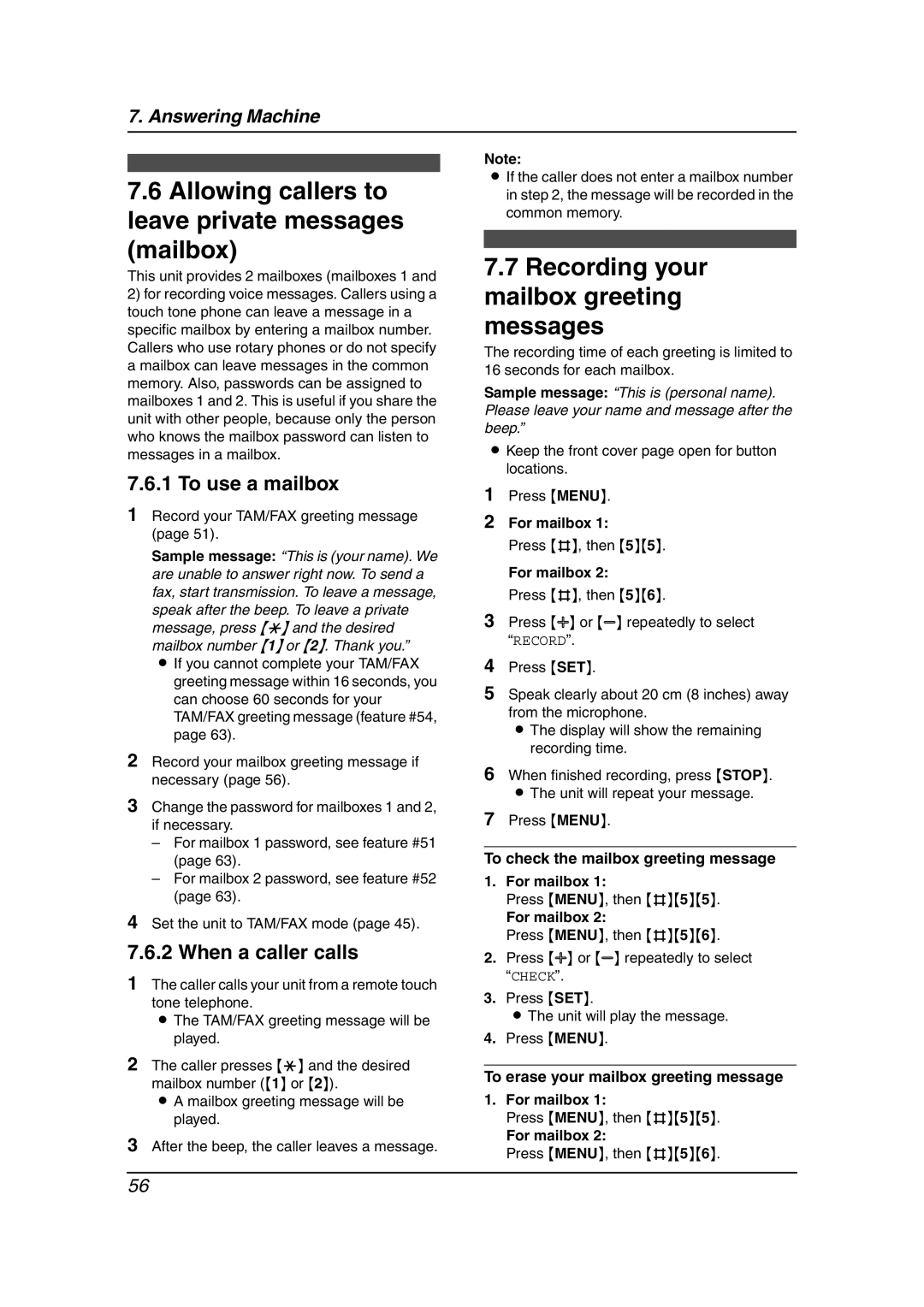 Panasonic KX-FPG376 manual Allowing callers to leave private messages mailbox, Recording your mailbox greeting messages 