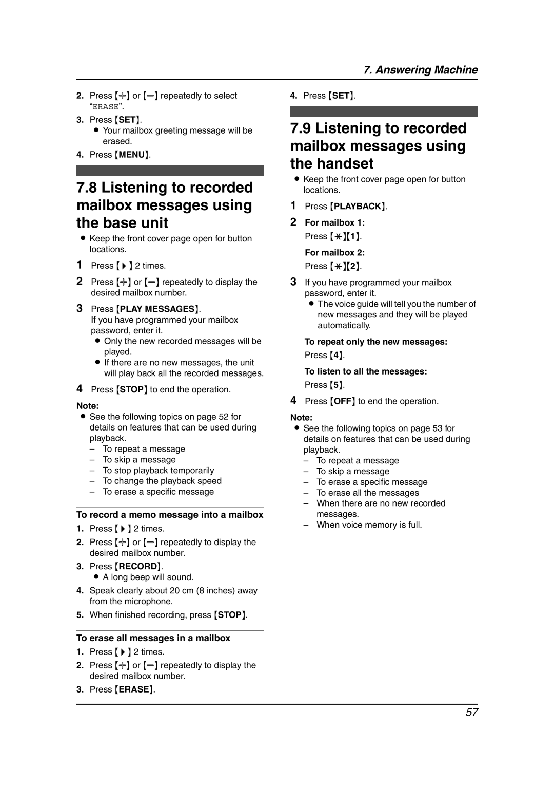 Panasonic KX-FPG377 Listening to recorded mailbox messages using the base unit, To record a memo message into a mailbox 