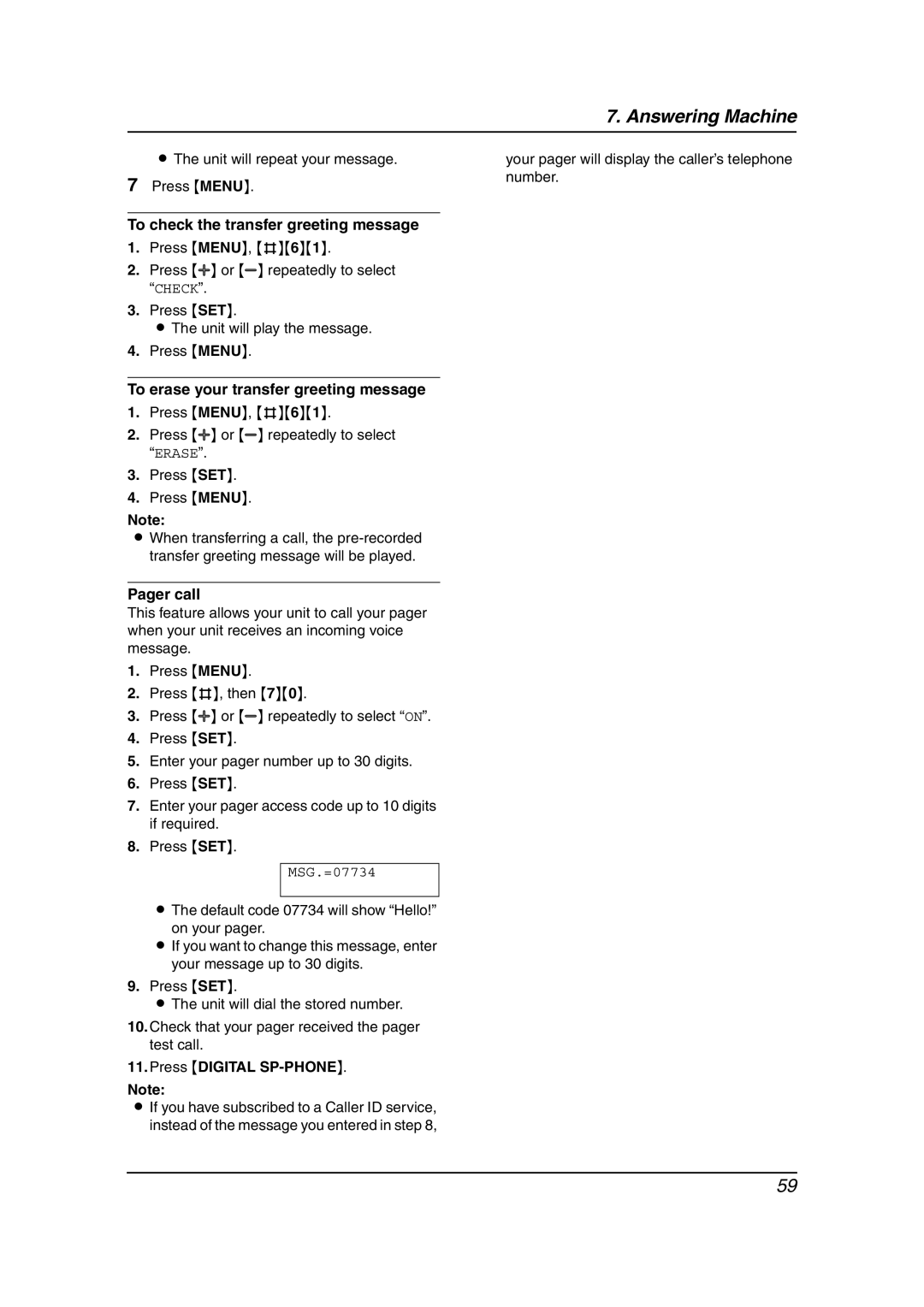 Panasonic KX-FPG377 manual Unit will repeat your message Press Menu, To check the transfer greeting message, Pager call 