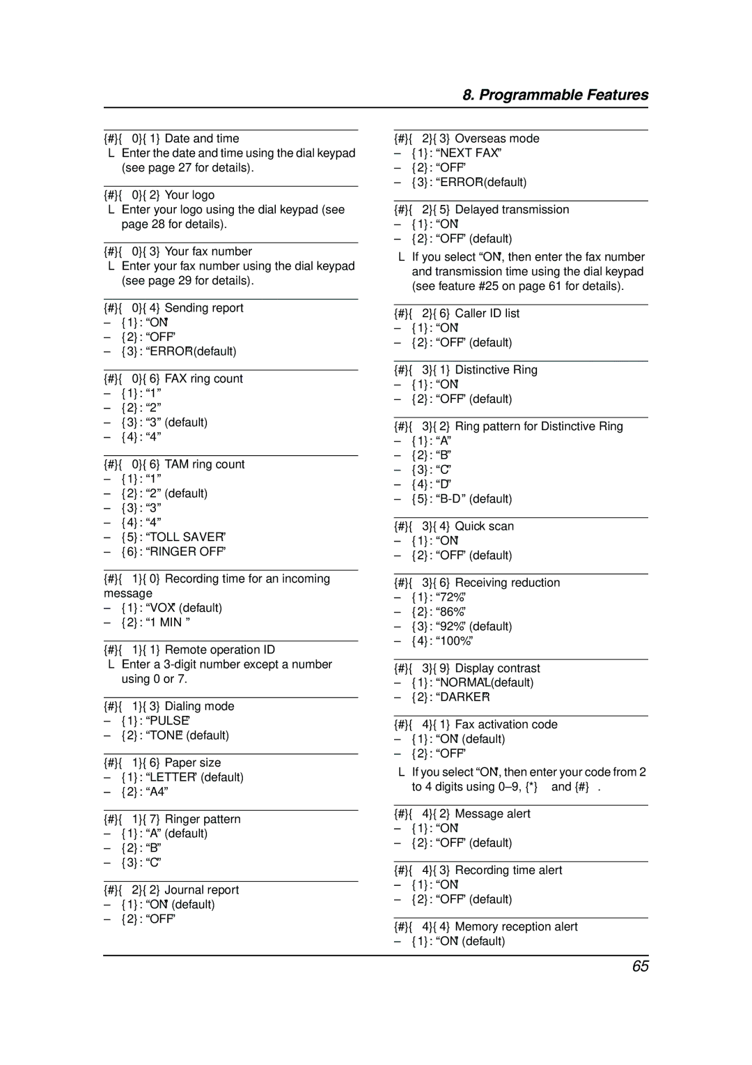 Panasonic KX-FPG377 manual #01 Date and time, #02 Your logo, #03 Your fax number, #04 Sending report, #06 FAX ring count 