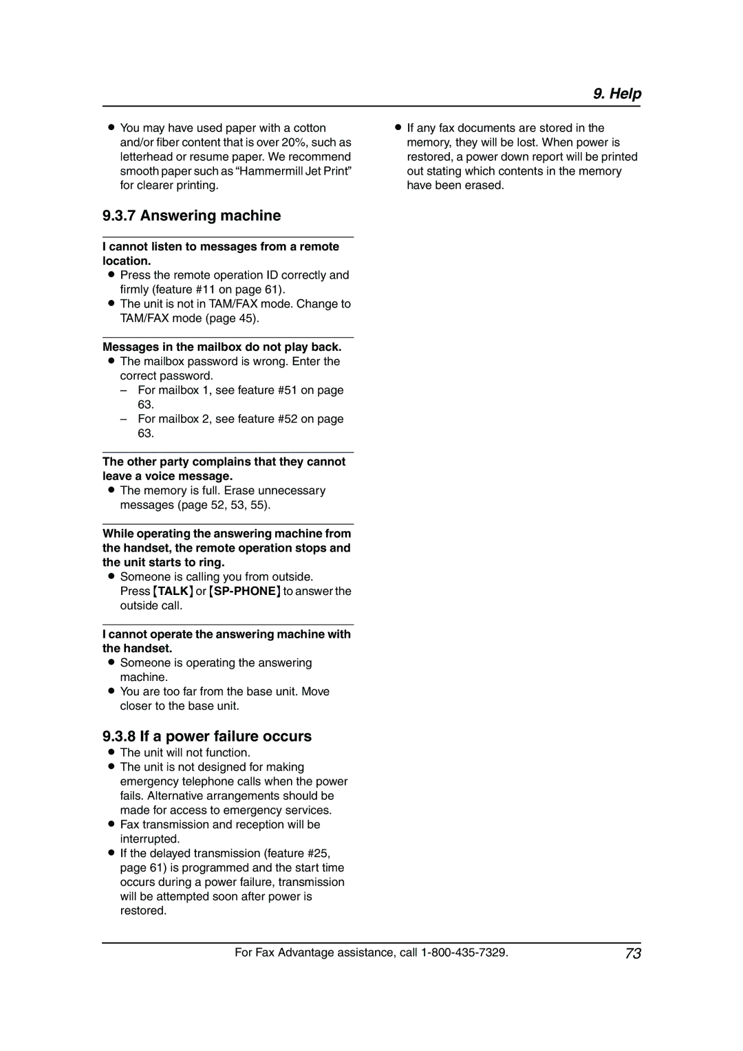 Panasonic KX-FPG377 manual Answering machine, If a power failure occurs, Cannot listen to messages from a remote location 