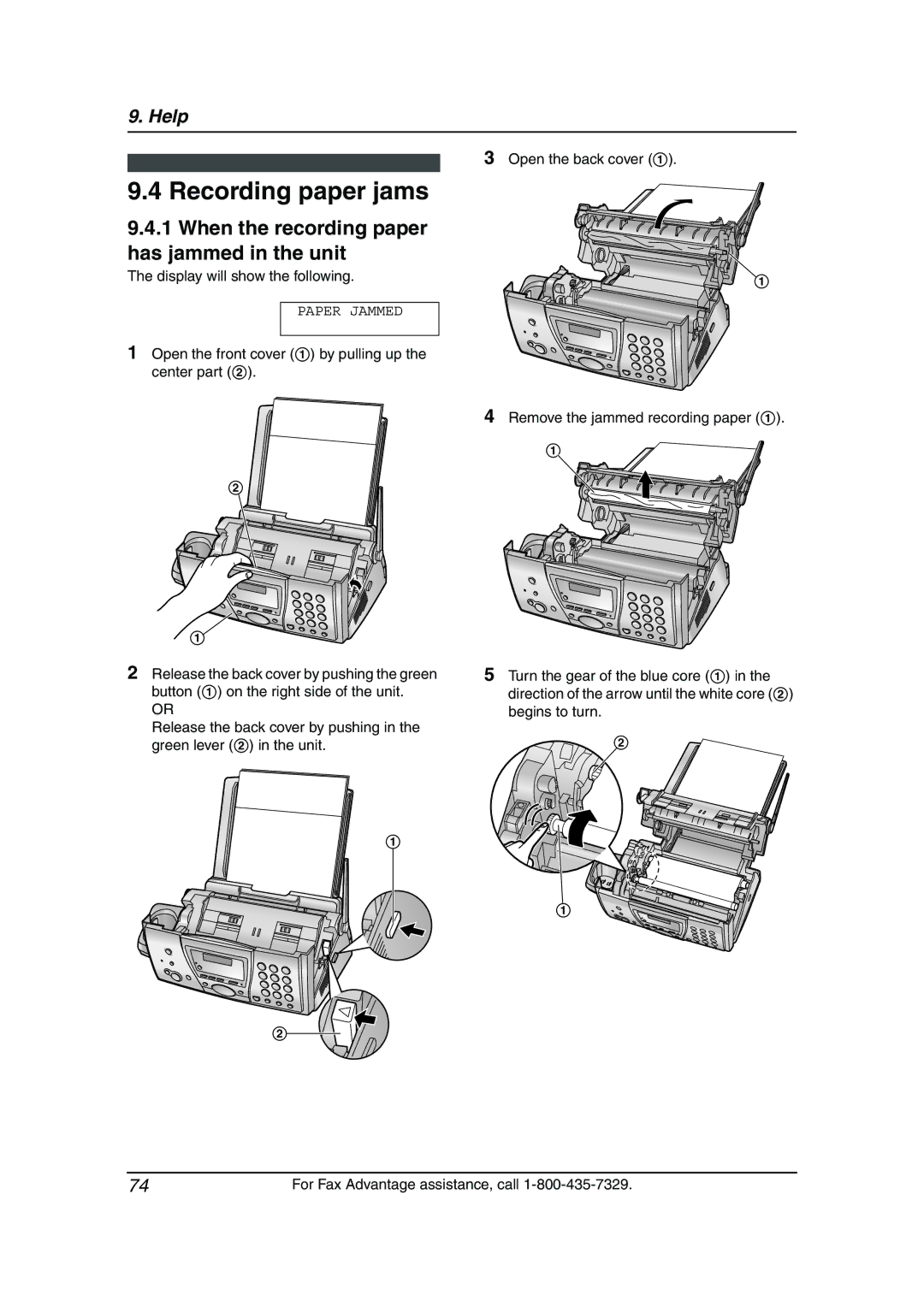 Panasonic KX-FPG376, KX-FPG377 Recording paper jams, When the recording paper has jammed in the unit, Open the back cover 