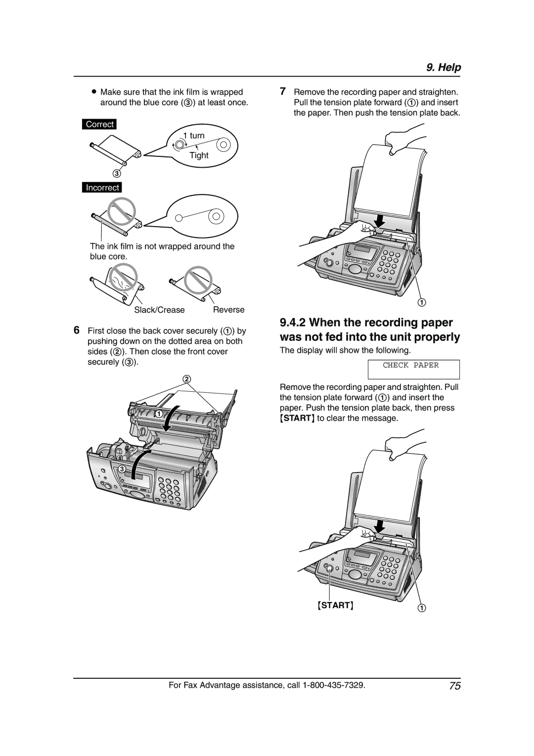 Panasonic KX-FPG377, KX-FPG376 manual When the recording paper was not fed into the unit properly, Start 