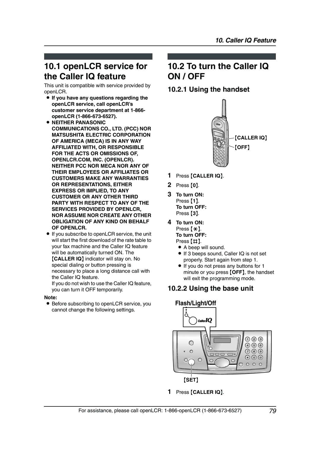 Panasonic KX-FPG377 OpenLCR service for the Caller IQ feature, To turn the Caller IQ on / OFF, Openlcr, Caller IQ OFF 