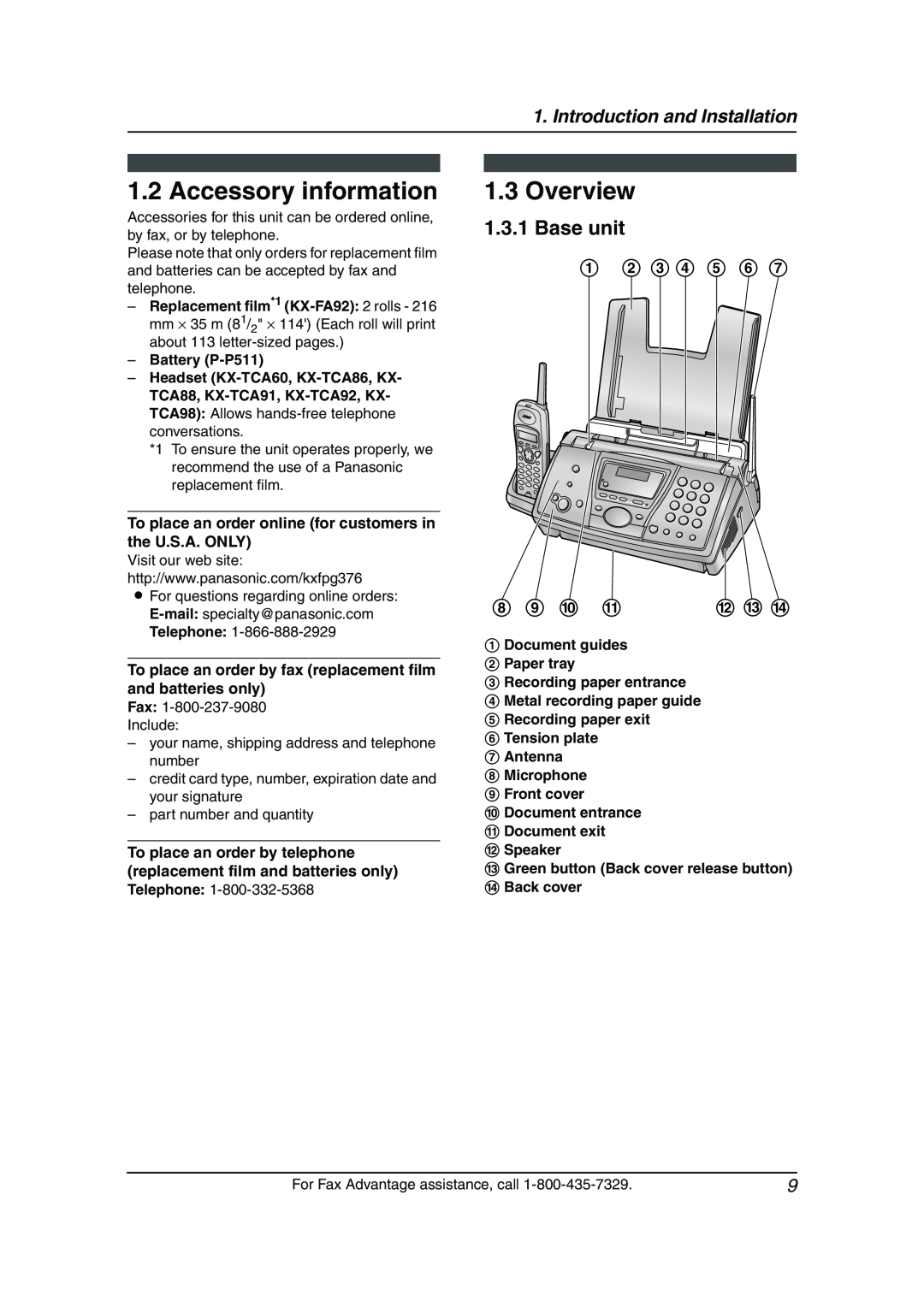 Panasonic KX-FPG377 Accessory information, Overview, Base unit, Introduction and Installation, 1 2 3 4 5 6, 8 9 j k, l m n 