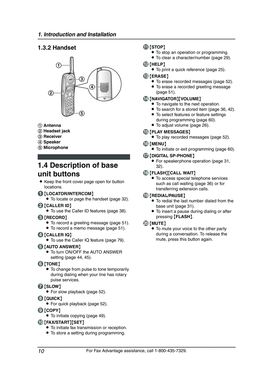 Panasonic KX-FPG376, KX-FPG377 manual Description of base unit buttons, Handset, Introduction and Installation 