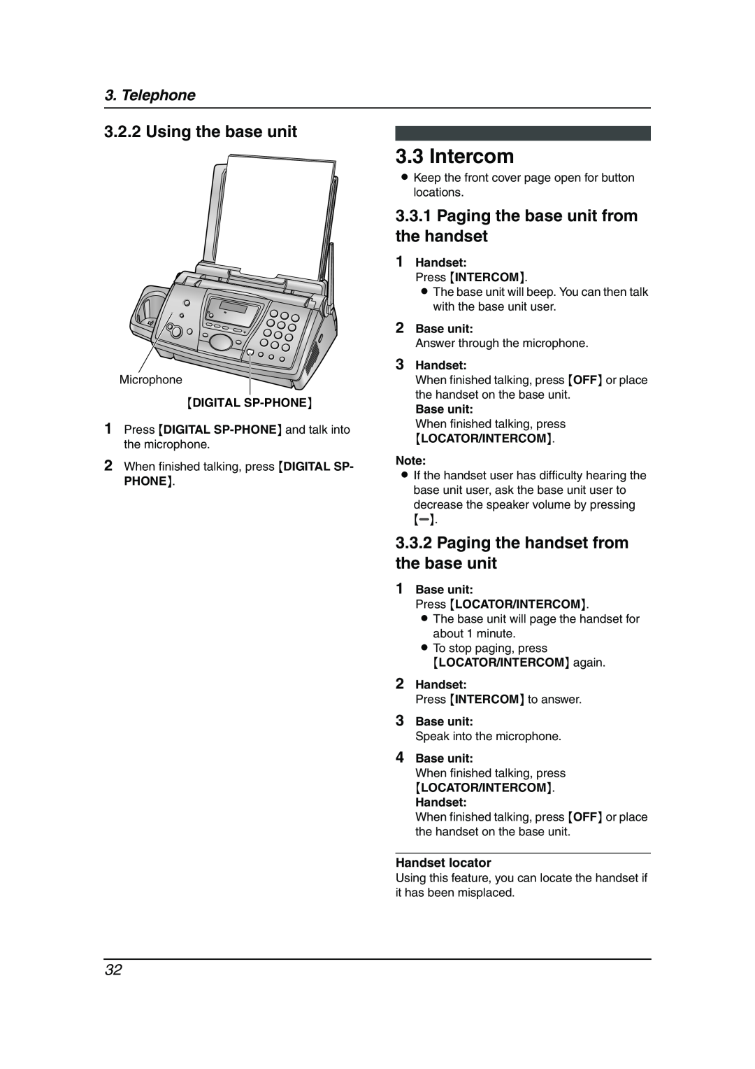 Panasonic KX-FPG376, KX-FPG377 manual Intercom, Using the base unit, Paging the base unit from the handset, Telephone 
