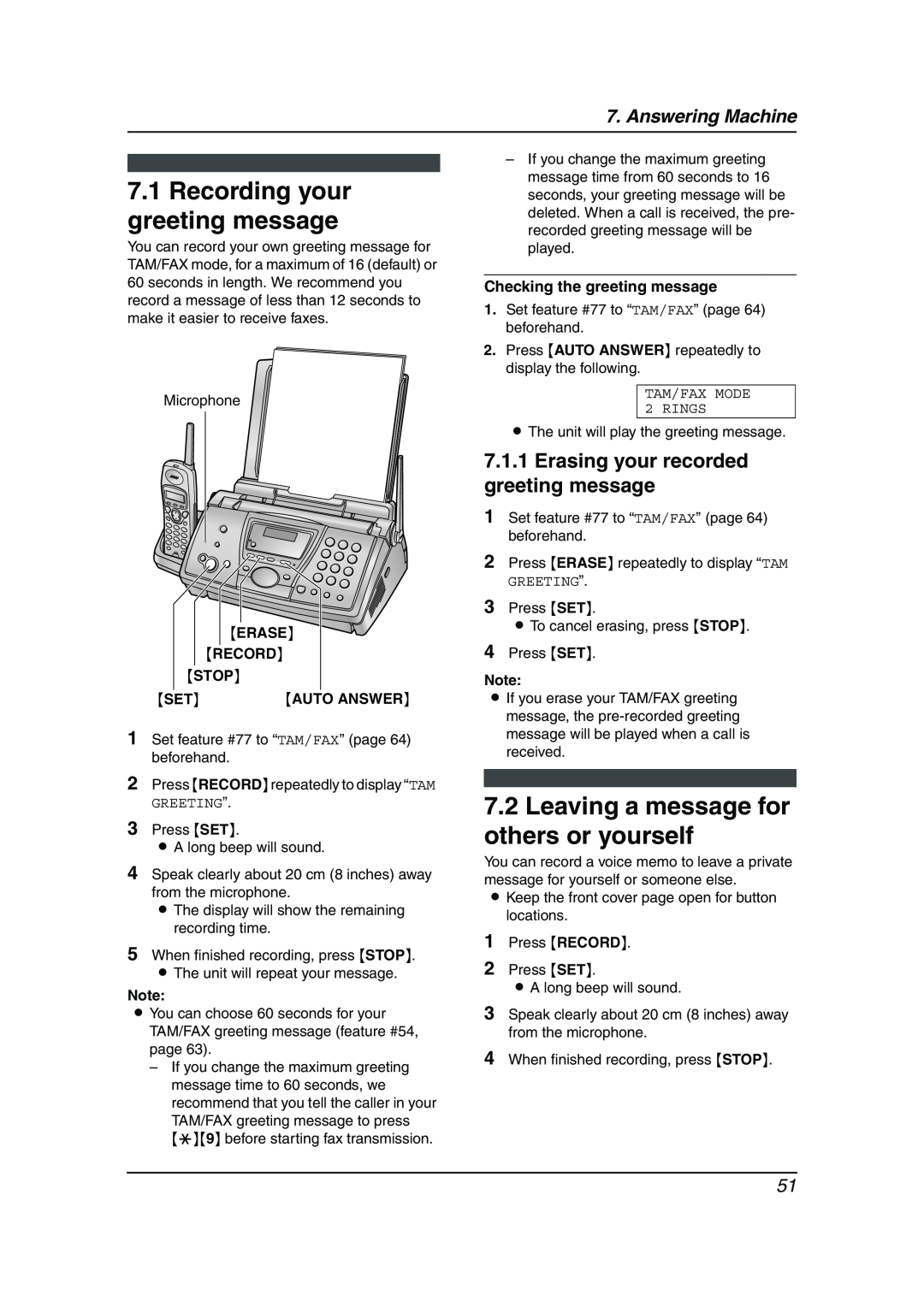 Panasonic KX-FPG377 manual Recording your greeting message, Leaving a message for others or yourself, Answering Machine 