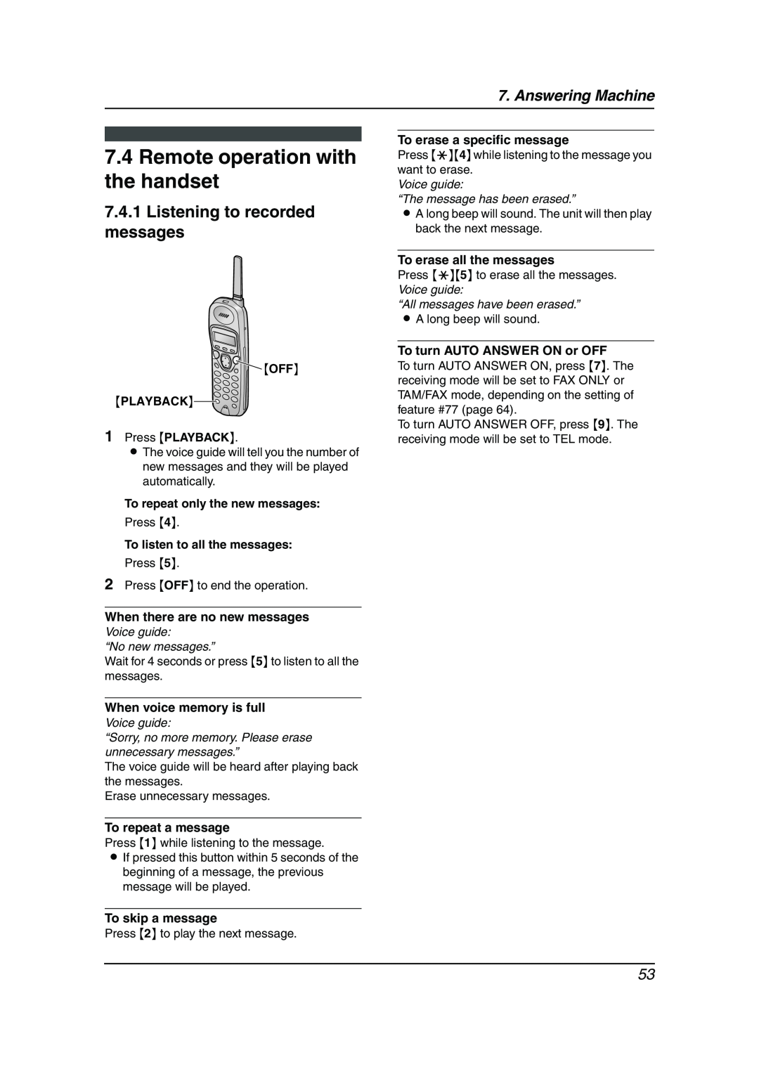 Panasonic KX-FPG377 Remote operation with the handset, Listening to recorded messages, Answering Machine, Voice guide 