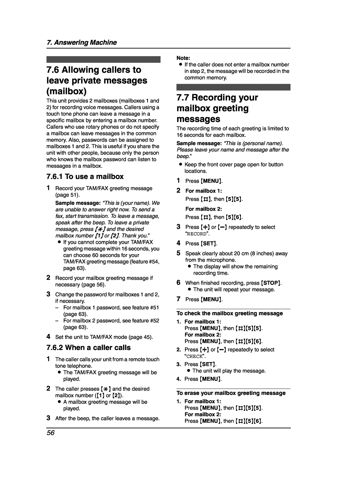 Panasonic KX-FPG376 manual Allowing callers to leave private messages mailbox, Recording your mailbox greeting messages 