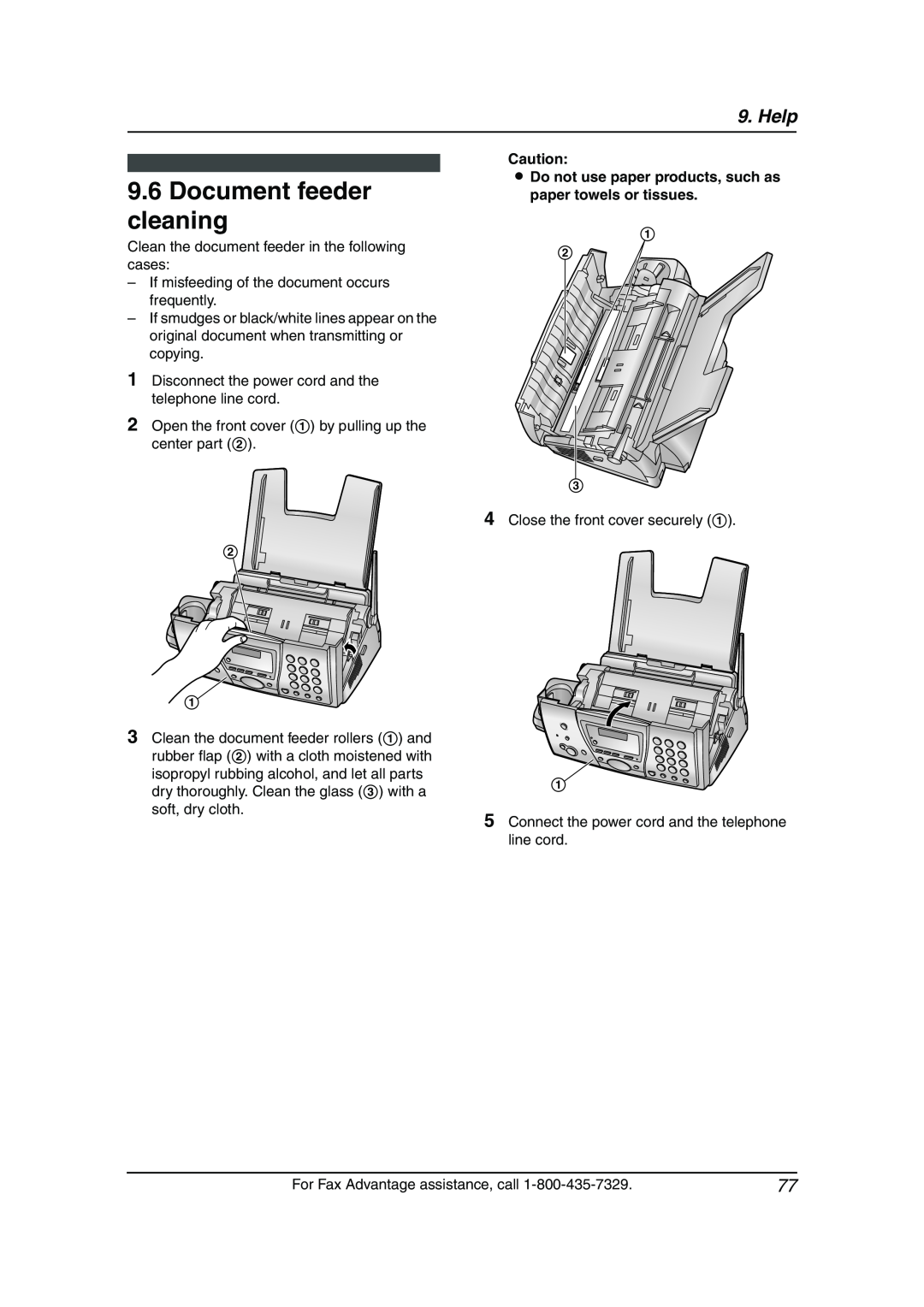 Panasonic KX-FPG377 manual Document feeder cleaning, Help, L Do not use paper products, such as paper towels or tissues 