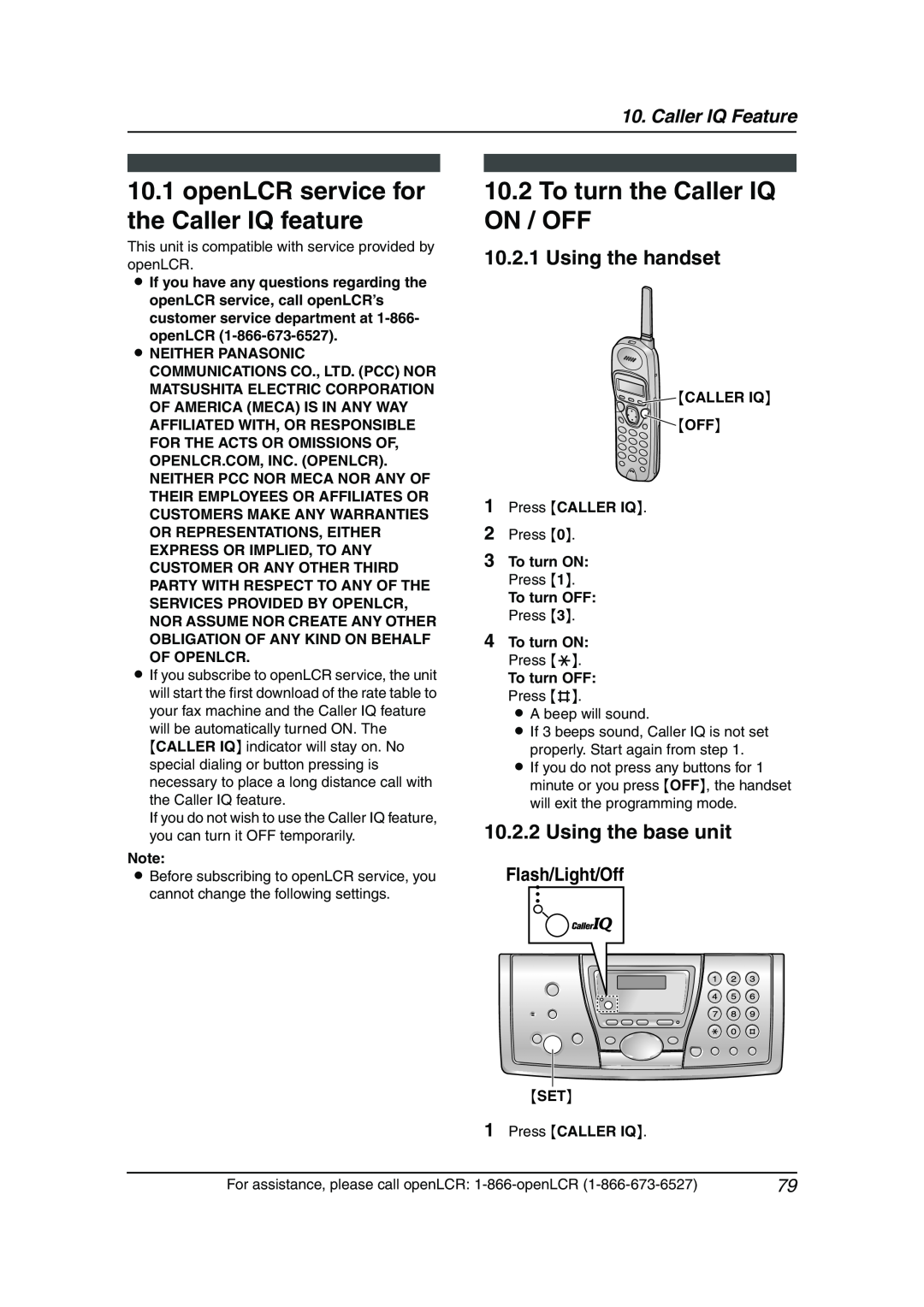 Panasonic KX-FPG377 manual openLCR service for the Caller IQ feature, To turn the Caller IQ ON / OFF, Using the handset 