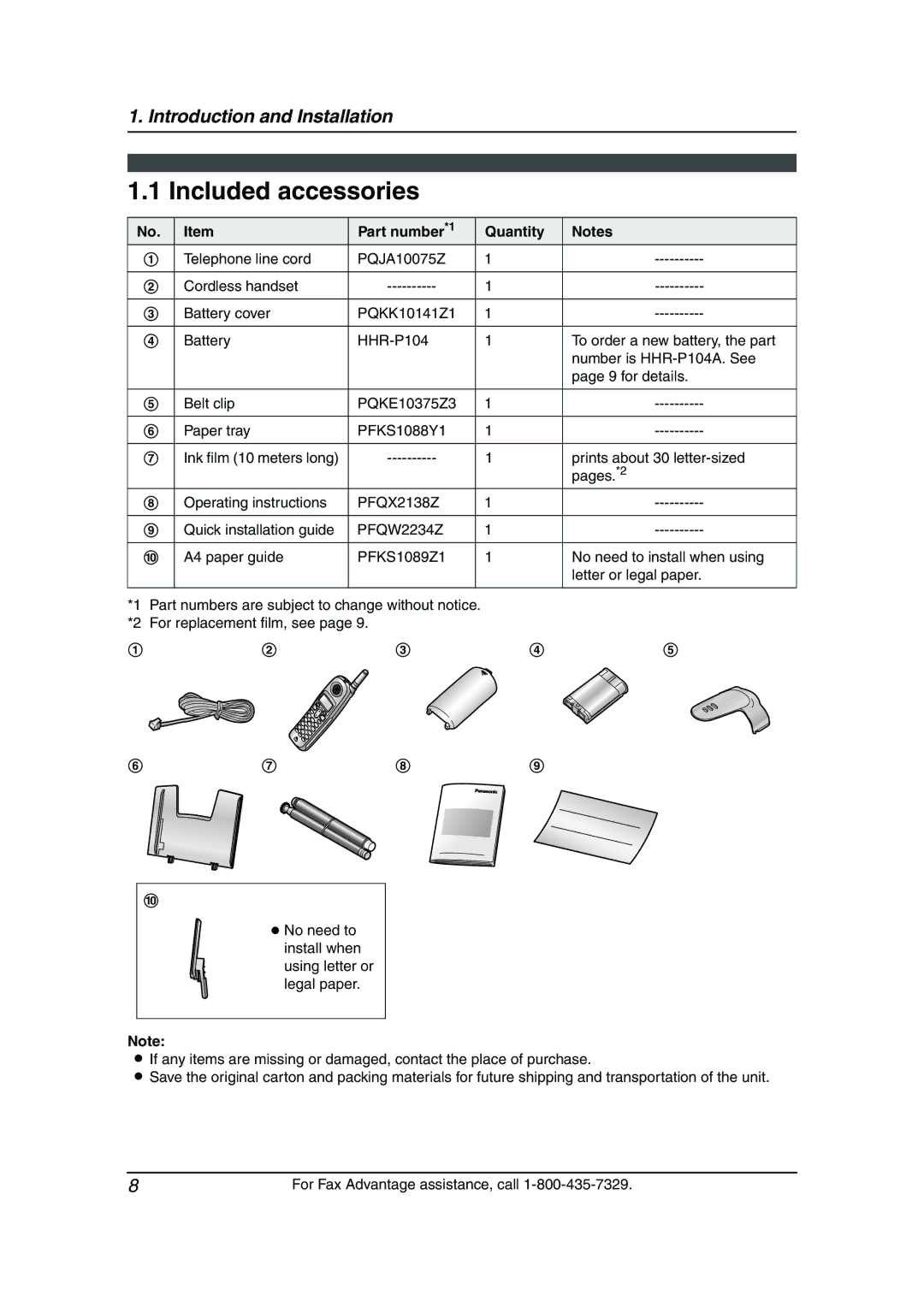 Panasonic KX-FPG379, KX-FPG378 manual Included accessories, Part number*1 Quantity, Quick installation guide 