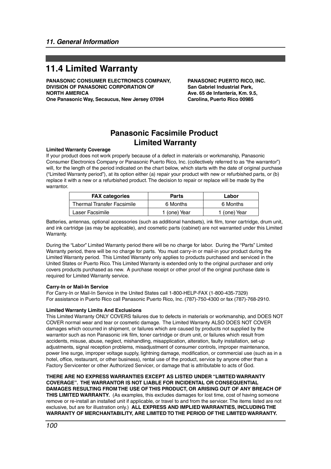 Panasonic KX-FPG379, KX-FPG378 Limited Warranty, FAX categories Parts Labor, Thermal Transfer Facsimile, Laser Facsimile 