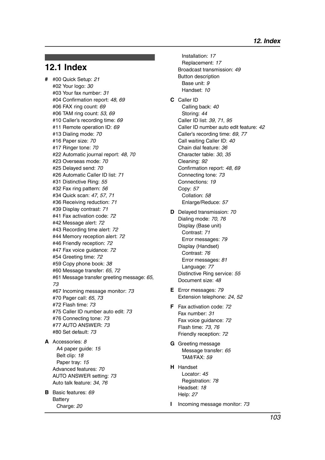 Panasonic KX-FPG378, KX-FPG379 manual Index, #77 Auto Answer 