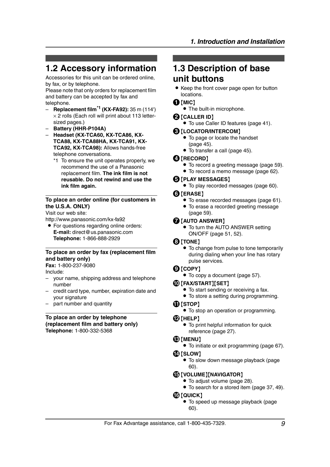 Panasonic KX-FPG378, KX-FPG379 manual Accessory information, Description of base unit buttons 