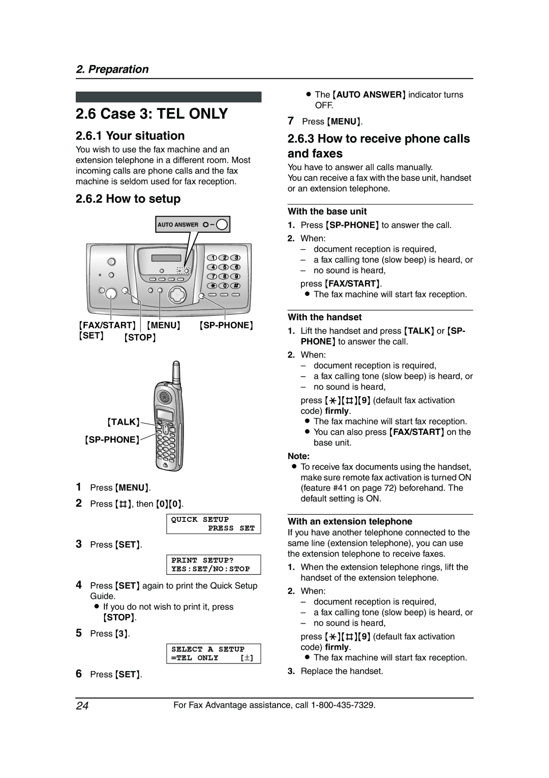 Panasonic KX-FPG379 Case 3 TEL only, How to receive phone calls and faxes, FAX/START Menu SP-PHONESET Stop Talk SP-PHONE 