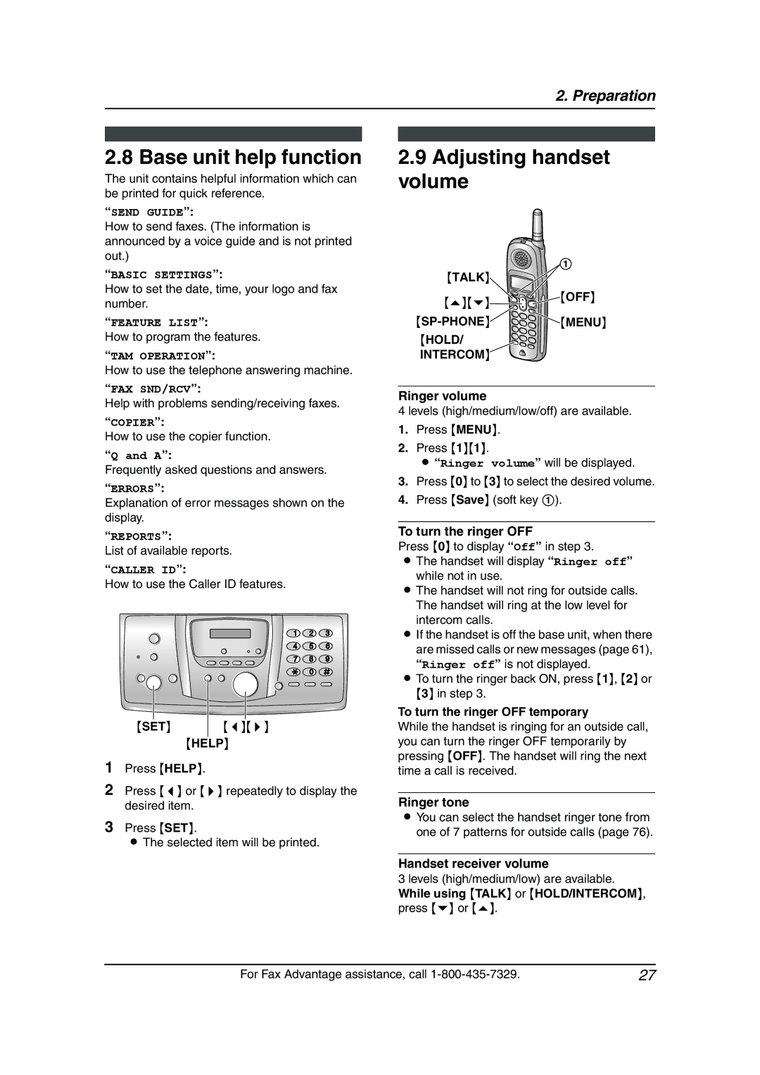 Panasonic KX-FPG378, KX-FPG379 manual Base unit help function, Adjusting handset volume, Talk, Intercom 