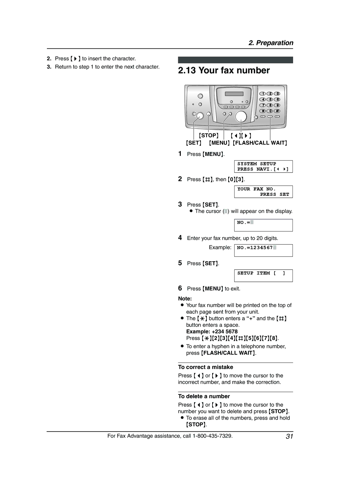 Panasonic KX-FPG378 Your fax number, SET Menu FLASH/CALL Wait, Your FAX no Press SET, Example +234, To delete a number 