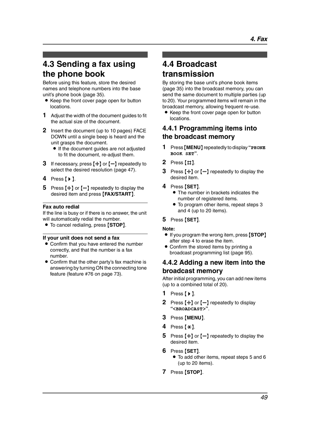 Panasonic KX-FPG378, KX-FPG379 manual Sending a fax using the phone book, Broadcast transmission 