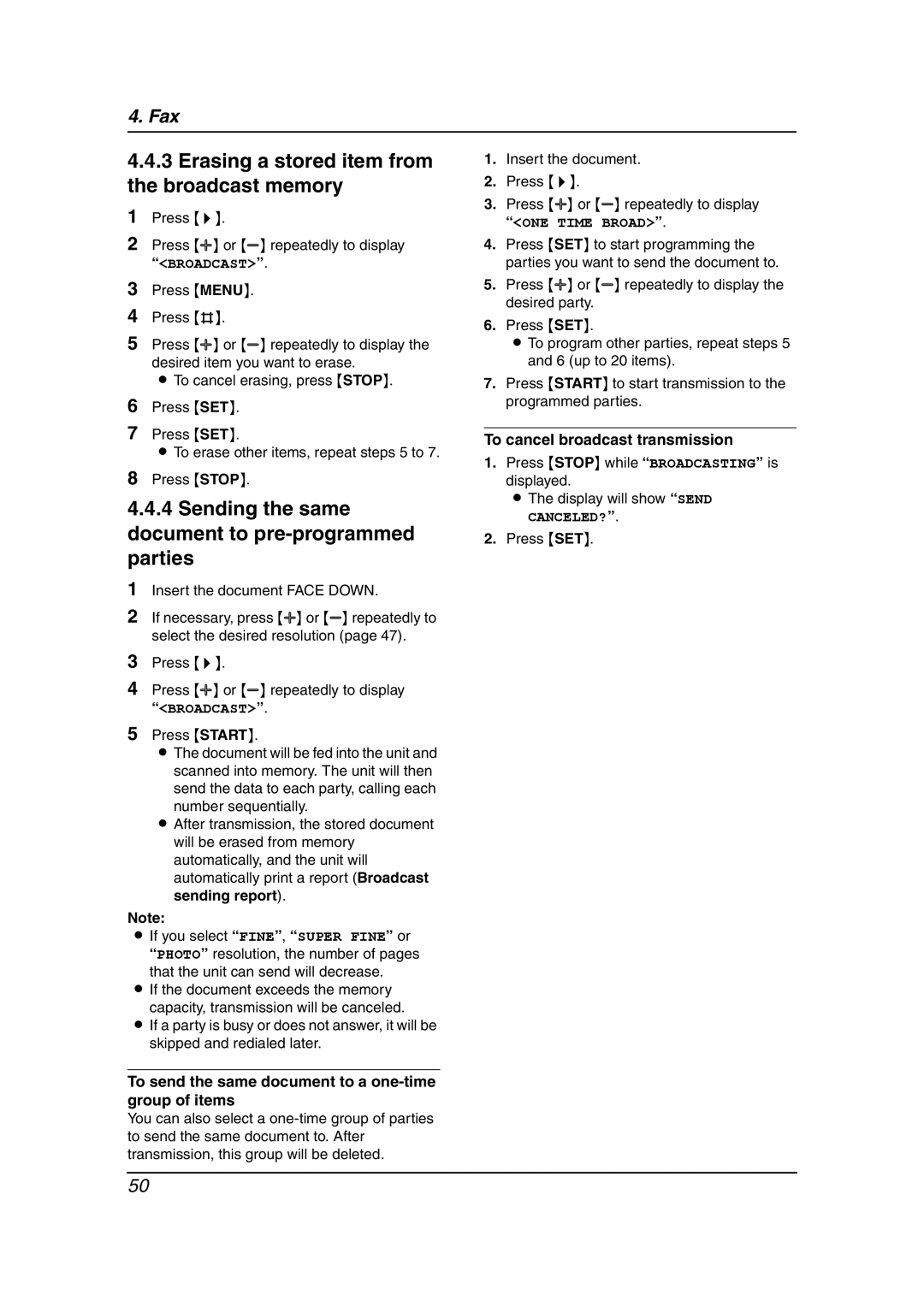 Panasonic KX-FPG379 Erasing a stored item from the broadcast memory, Sending the same document to pre-programmed parties 