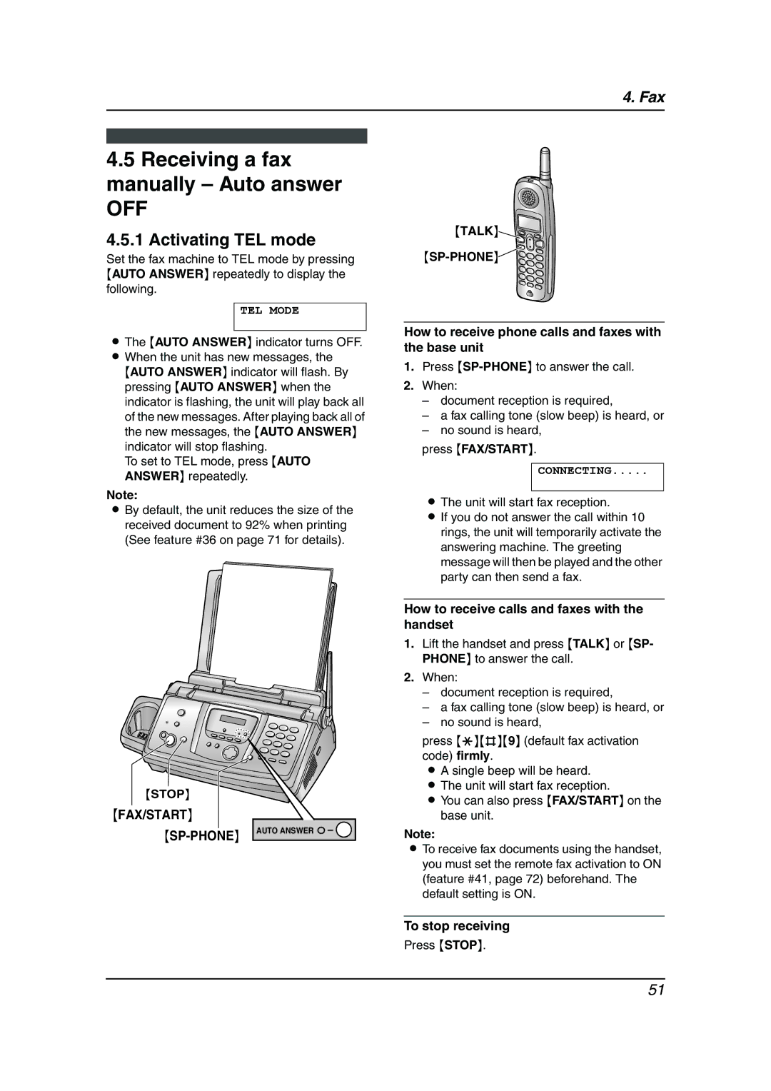 Panasonic KX-FPG378, KX-FPG379 Receiving a fax manually Auto answer, Activating TEL mode, To stop receiving 