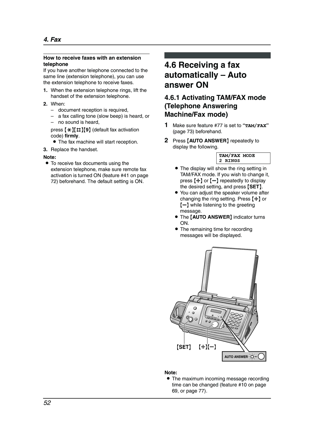 Panasonic KX-FPG379 manual Receiving a fax automatically Auto answer on, How to receive faxes with an extension telephone 