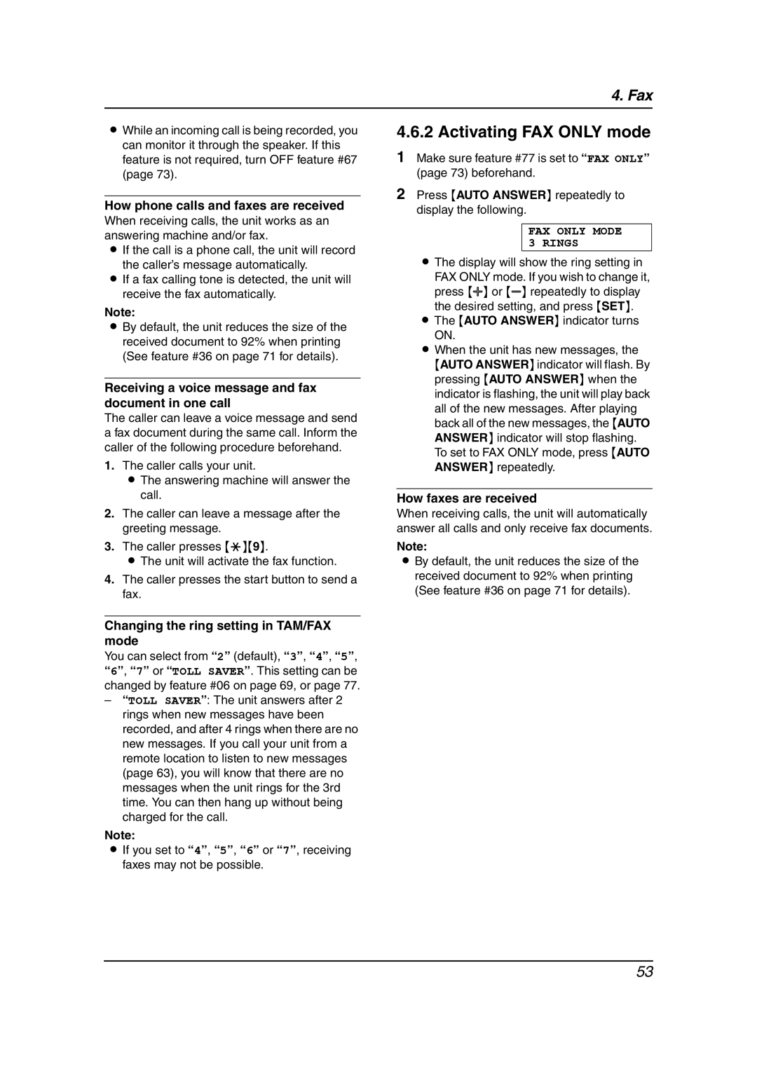 Panasonic KX-FPG378, KX-FPG379 Activating FAX only mode, How phone calls and faxes are received, How faxes are received 