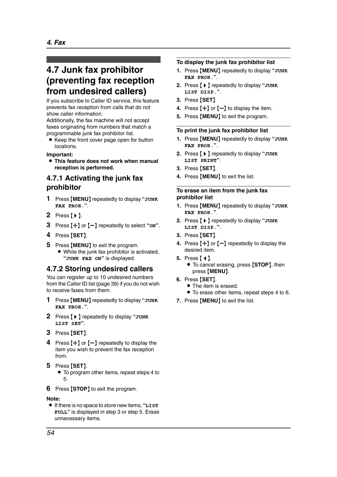 Panasonic KX-FPG379 Activating the junk fax prohibitor, Storing undesired callers, To display the junk fax prohibitor list 