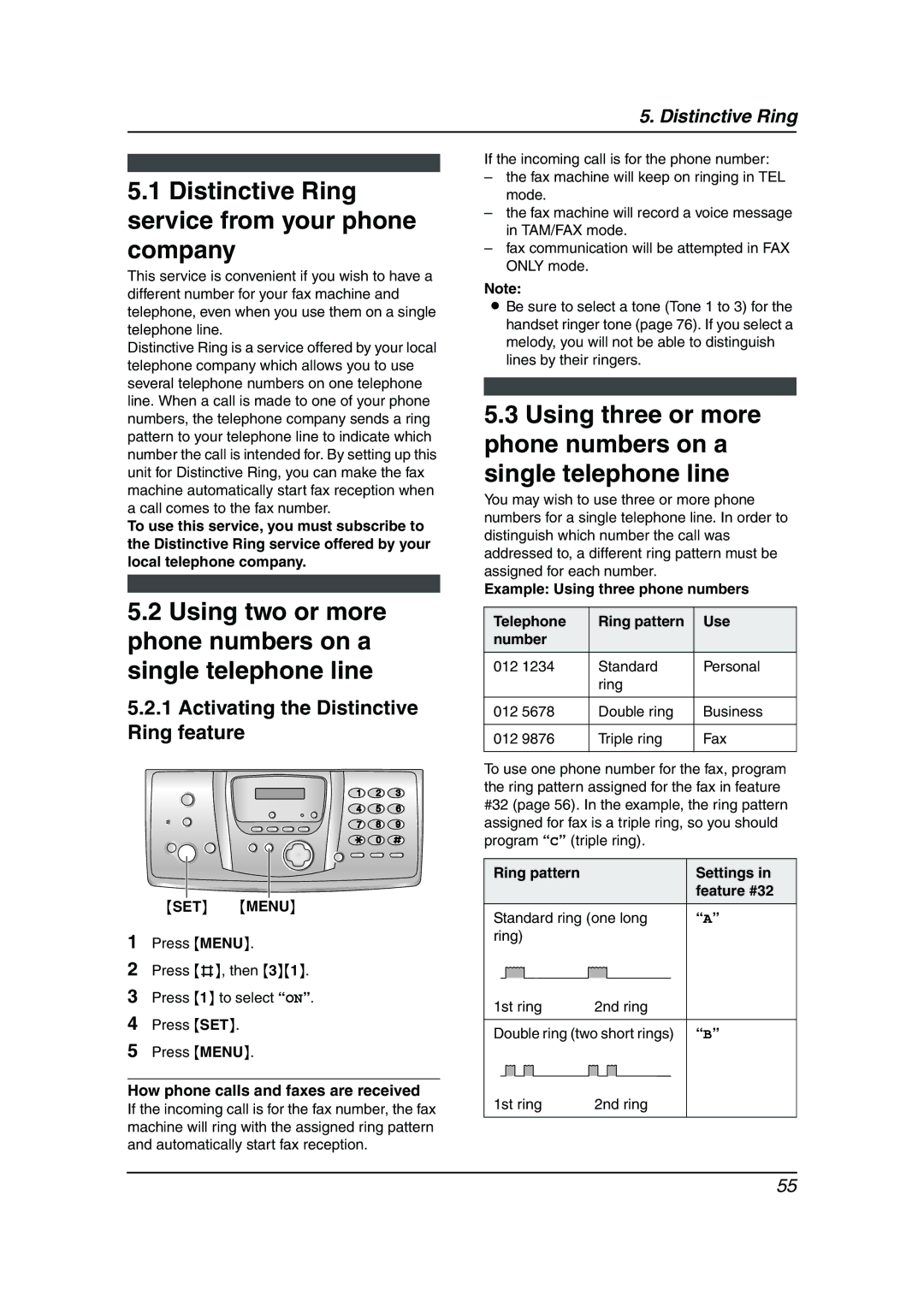 Panasonic KX-FPG378, KX-FPG379 Distinctive Ring service from your phone company, Activating the Distinctive Ring feature 