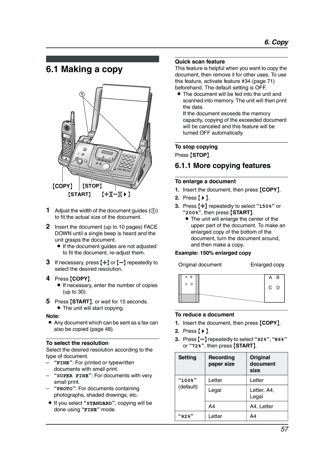 Panasonic KX-FPG378, KX-FPG379 manual Making a copy, More copying features 