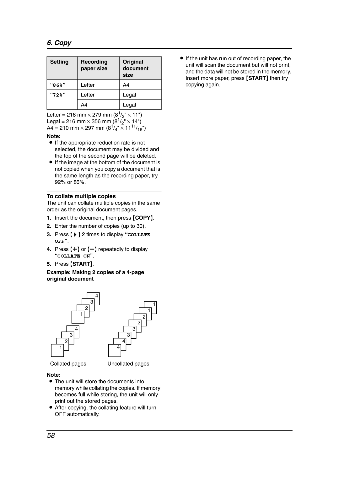 Panasonic KX-FPG379, KX-FPG378 manual Letter Legal, Letter = 216 mm ⋅ 279 mm 81/2 ⋅, To collate multiple copies 