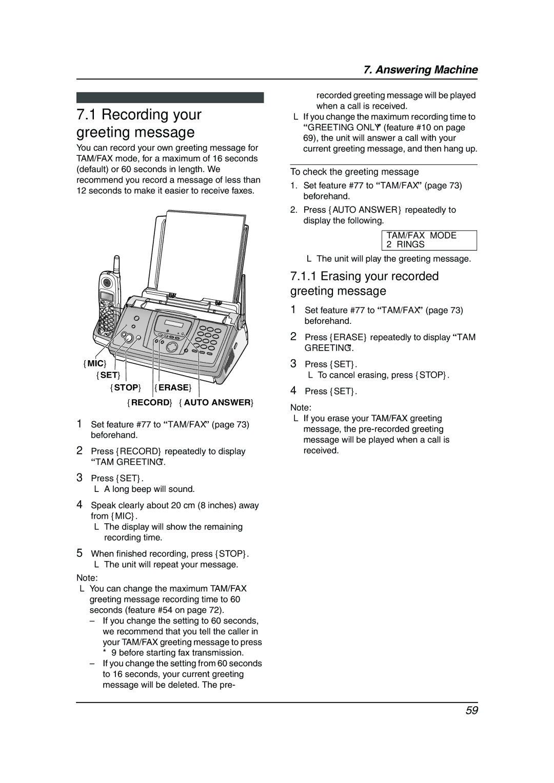 Panasonic KX-FPG378 Recording your greeting message, Erasing your recorded greeting message, To check the greeting message 