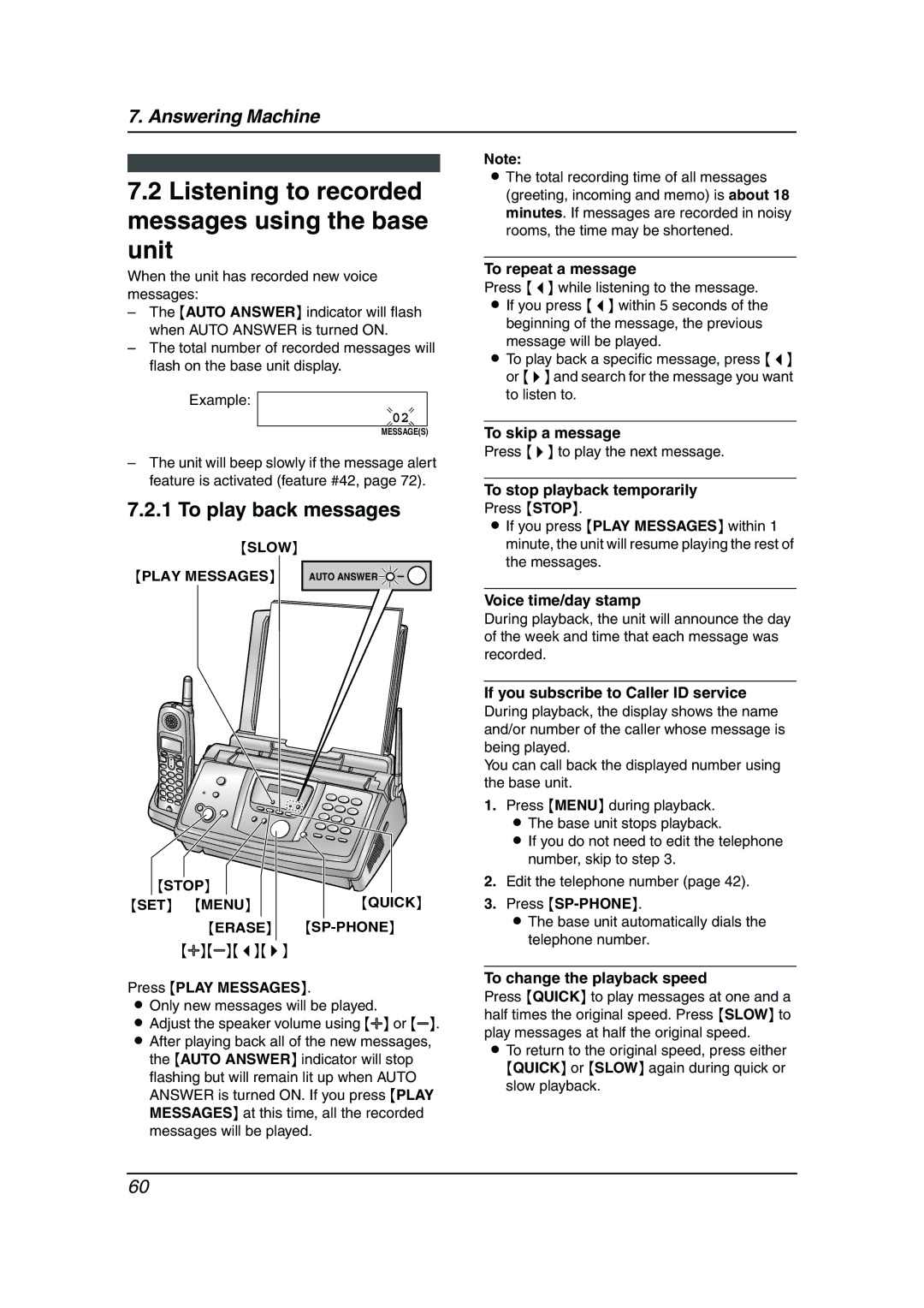 Panasonic KX-FPG379, KX-FPG378 manual Listening to recorded messages using the base unit, To play back messages 