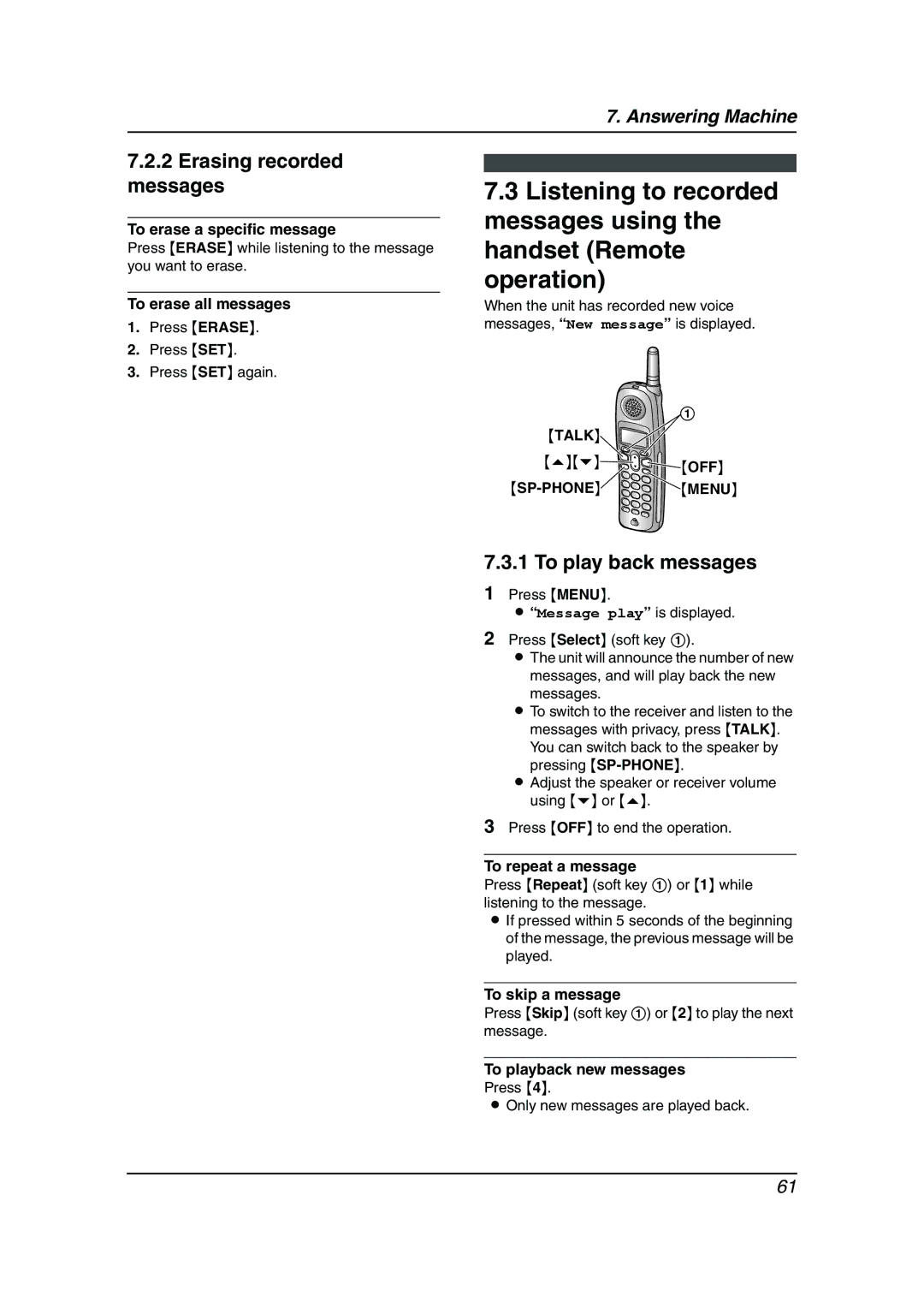 Panasonic KX-FPG378 manual Erasing recorded messages, To erase a specific message, To erase all messages, SP-PHONE Menu 