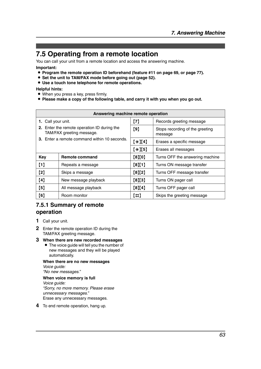 Panasonic KX-FPG378, KX-FPG379 manual Operating from a remote location, Summary of remote operation 