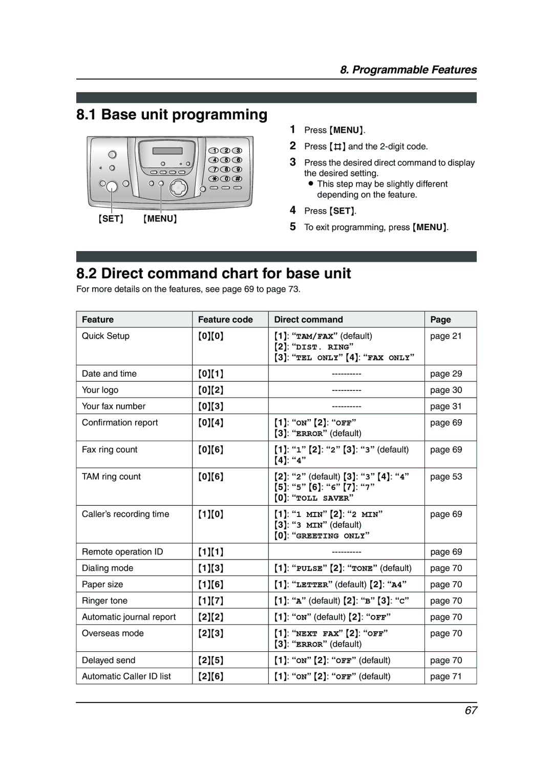 Panasonic KX-FPG378 Direct command chart for base unit, Set, For more details on the features, see page 69 to, MIN default 