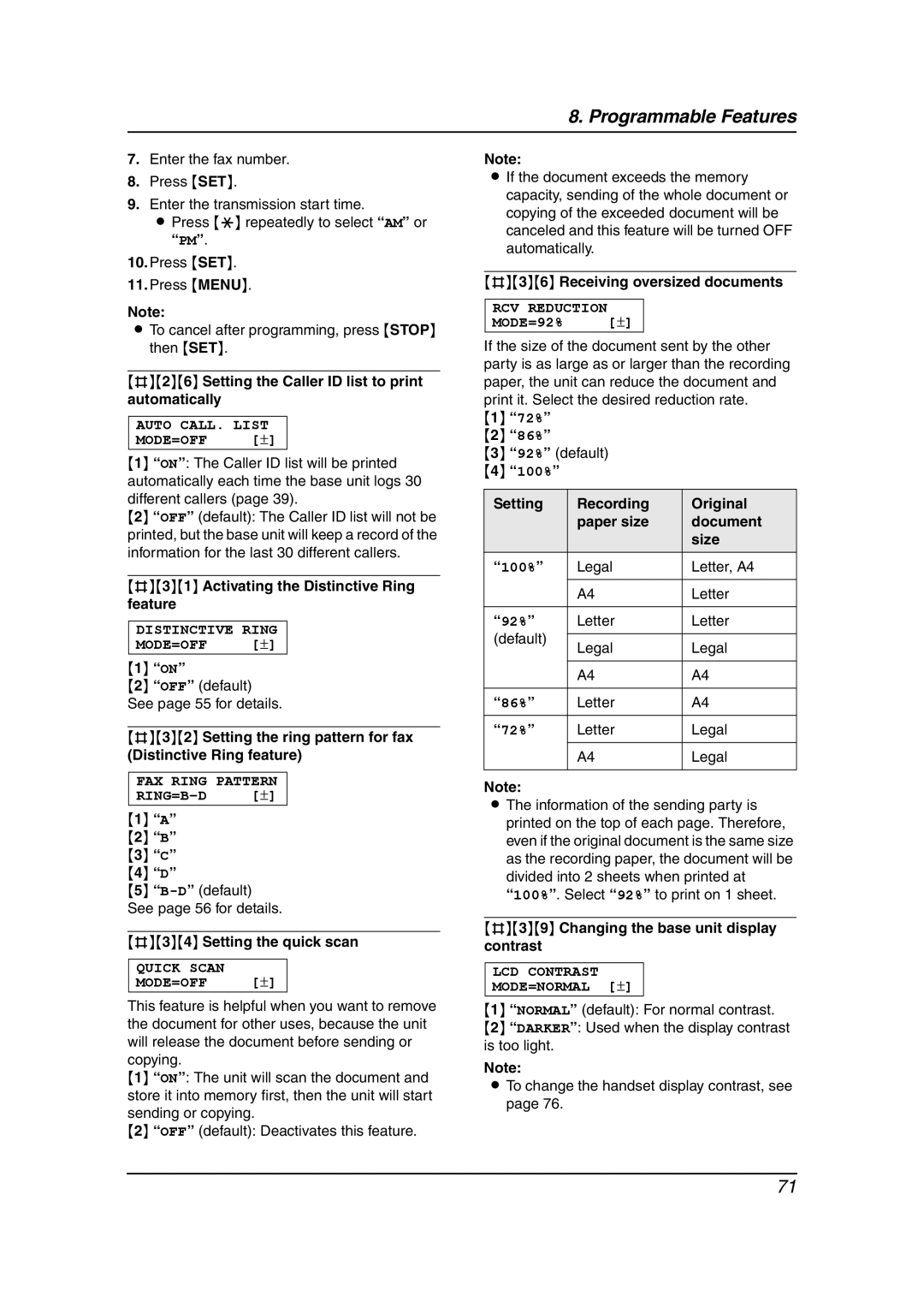 Panasonic KX-FPG378 #26 Setting the Caller ID list to print automatically, #31 Activating the Distinctive Ring feature 