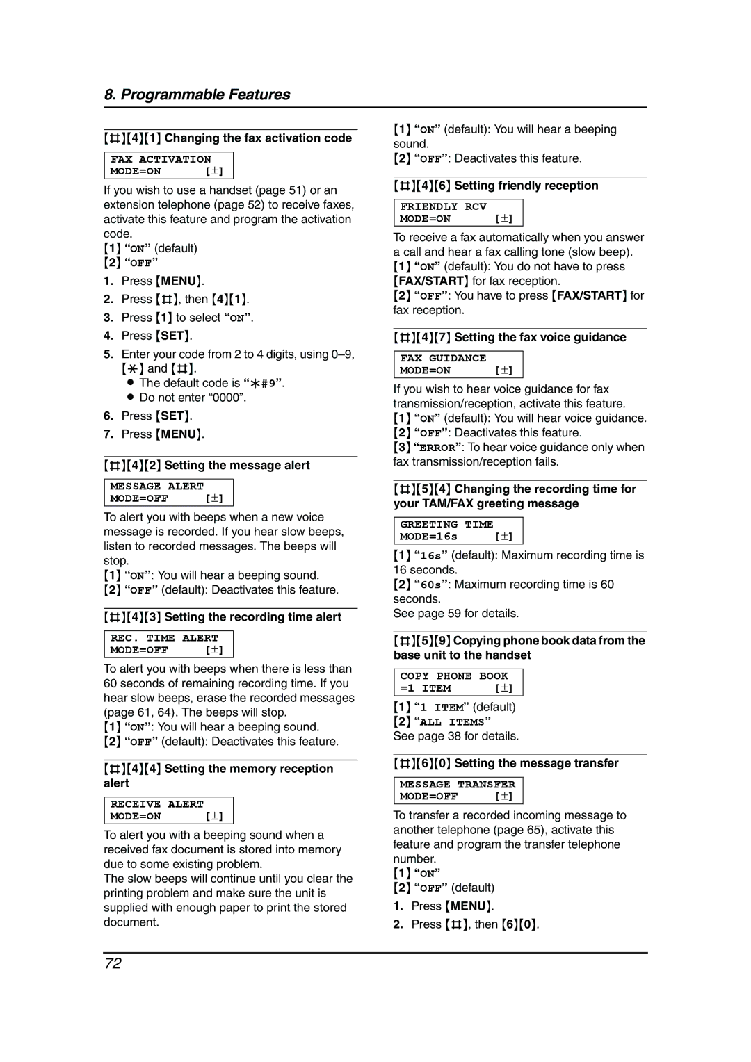 Panasonic KX-FPG379 #41 Changing the fax activation code, #42 Setting the message alert, #46 Setting friendly reception 