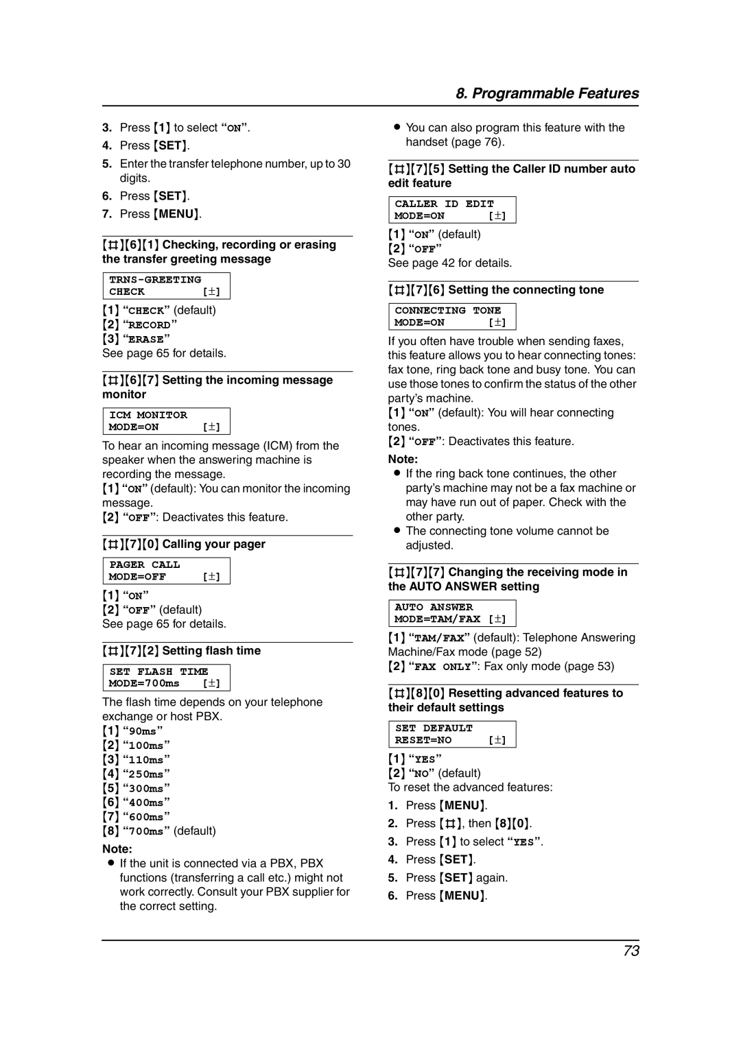 Panasonic KX-FPG378, KX-FPG379 #67 Setting the incoming message monitor, #70 Calling your pager, #72 Setting flash time 