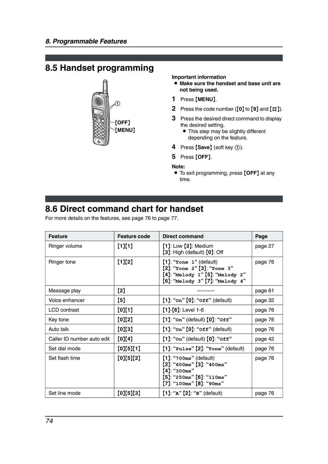 Panasonic KX-FPG379, KX-FPG378 manual Handset programming, Direct command chart for handset, Set line mode 053 2 B default 