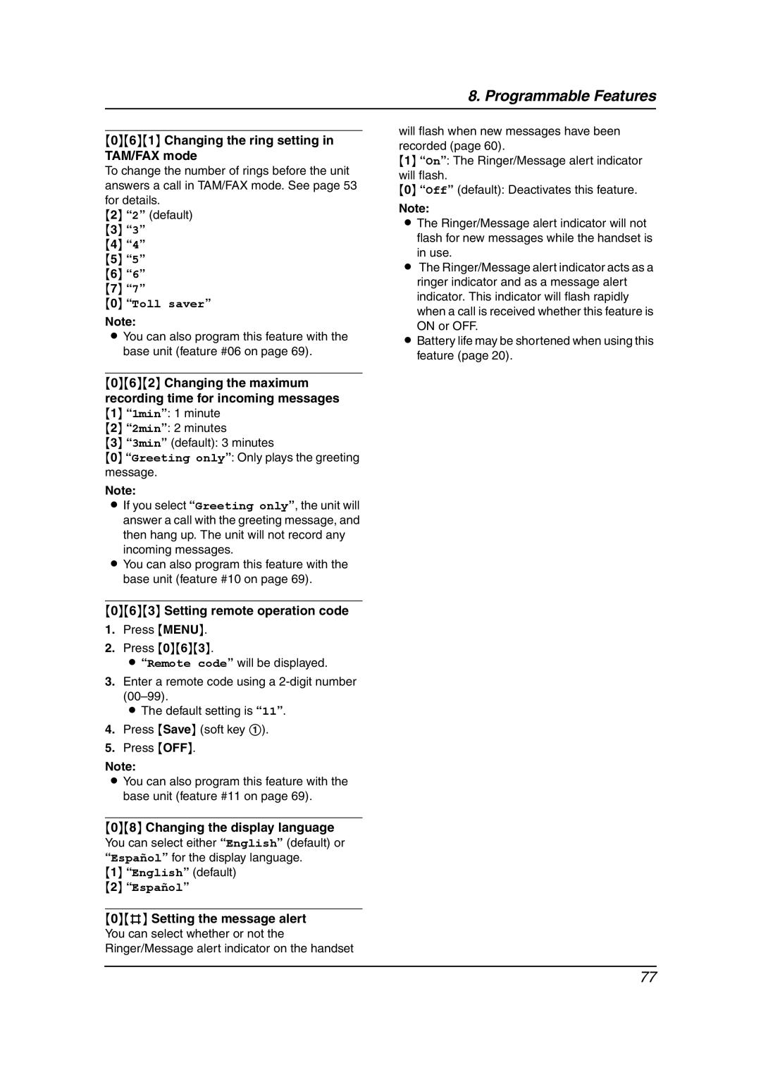 Panasonic KX-FPG378 Changing the ring setting TAM/FAX mode, Changing the maximum recording time for incoming messages 